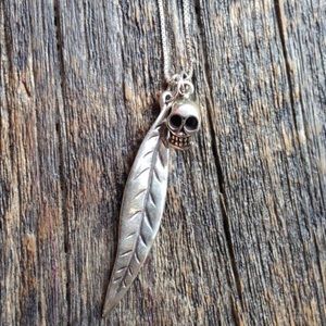 Sterling Silver leaf charm and skull necklace